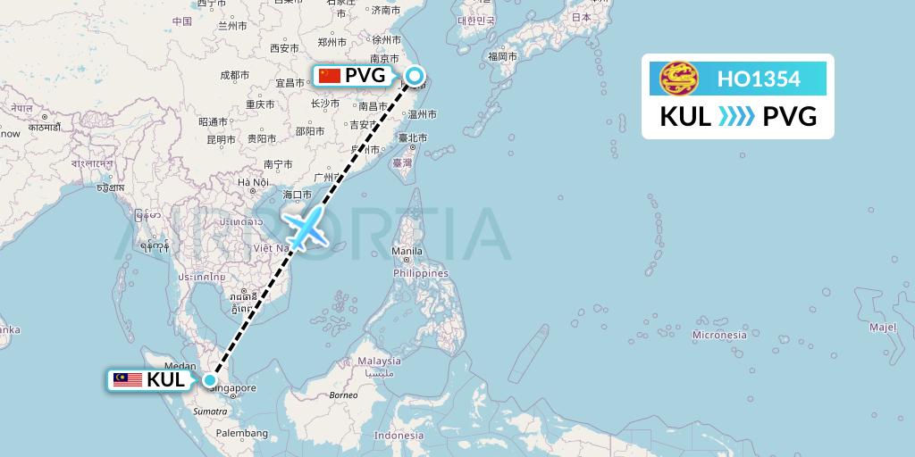 HO1354 Juneyao Airlines Flight Map: Kuala Lumpur to Shanghai