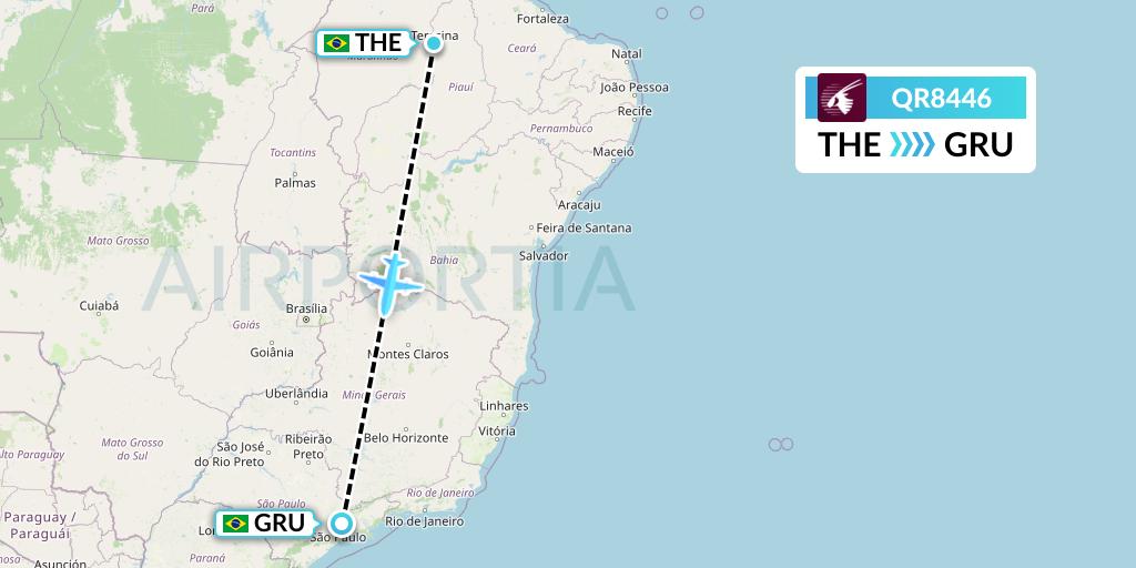 QR8446 Qatar Airways Flight Map: Teresina to Sao Paulo