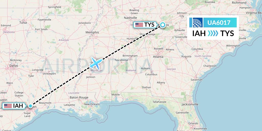 UA6017 United Airlines Flight Map: Houston to Knoxville