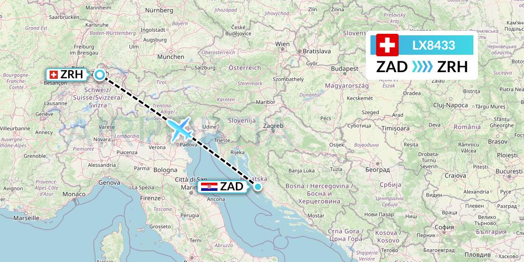 LX8433 Swiss Flight Map: Zadar to Zurich
