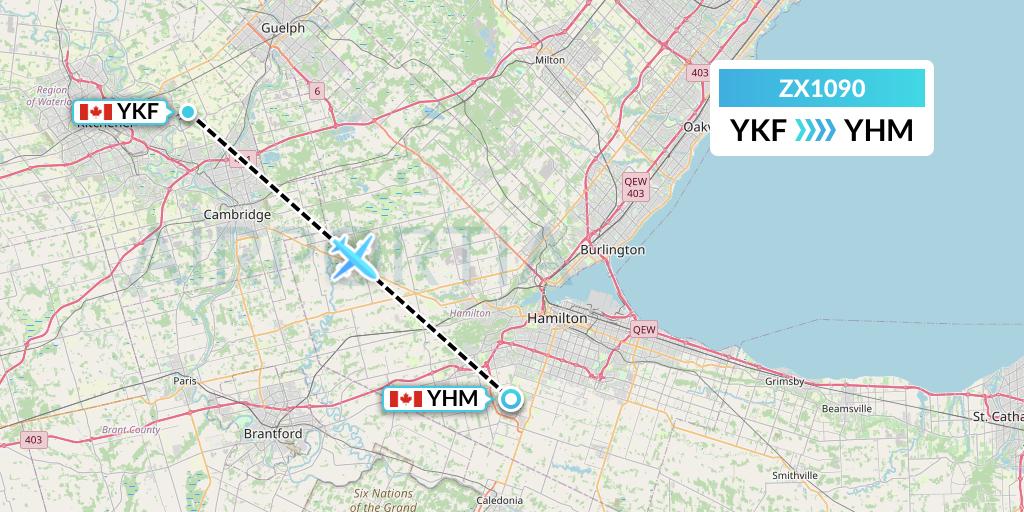 ZX1090 Air Georgian Flight Map: Waterloo to Hamilton