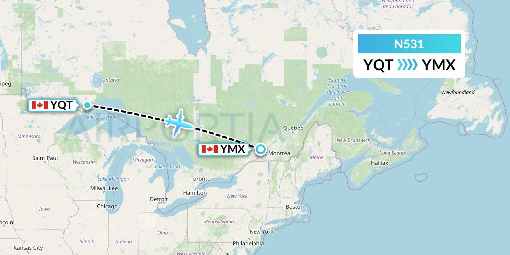 N531 Nolinor Aviation Flight Map: Thunder Bay to Montreal