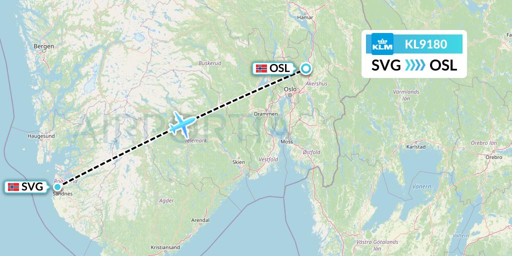KL9180 KLM Flight Map: Stavanger to Oslo