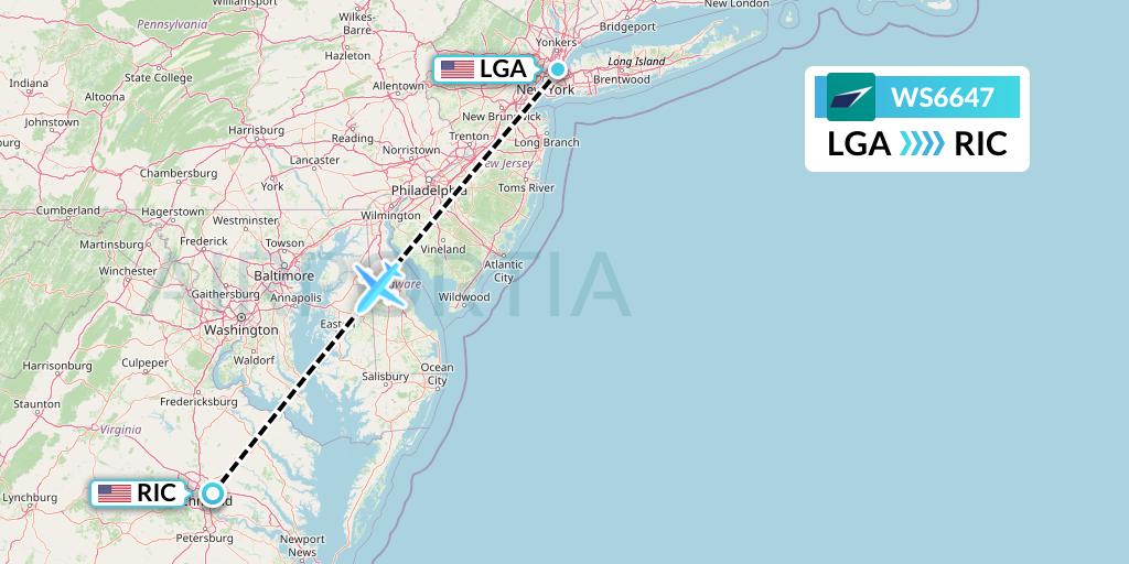 WS6647 WestJet Flight Map: New York to Richmond