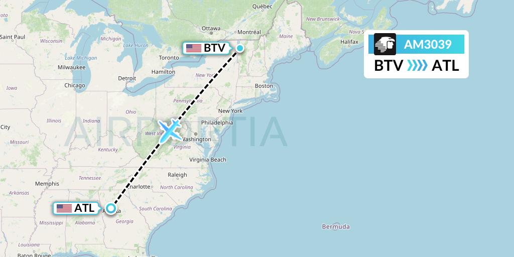 AM3039 Aeromexico Flight Map: Burlington to Atlanta