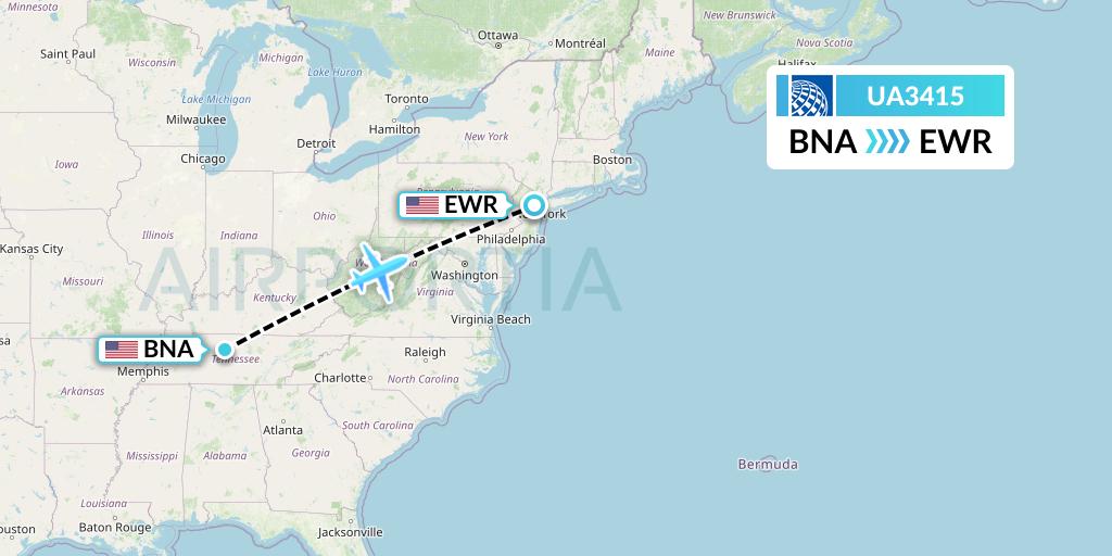 UA3415 United Airlines Flight Map: Nashville to New York