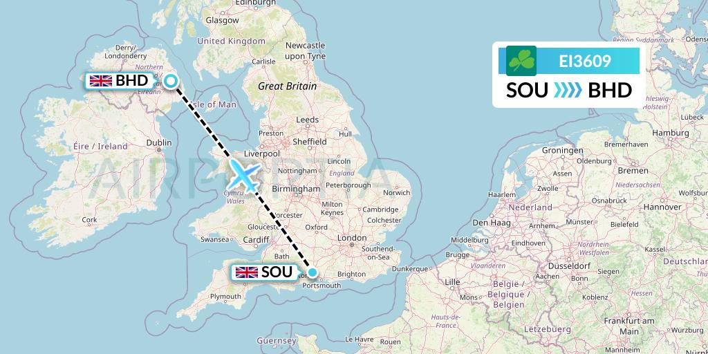 EI3609 Aer Lingus Flight Map: Southampton to Belfast