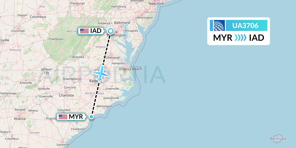 UA3706 United Airlines Flight Map: Myrtle Beach to Washington