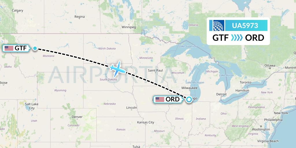 UA5973 United Airlines Flight Map: Great Falls to Chicago