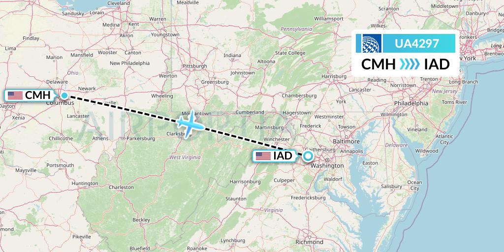 UA4297 United Airlines Flight Map: Columbus to Washington