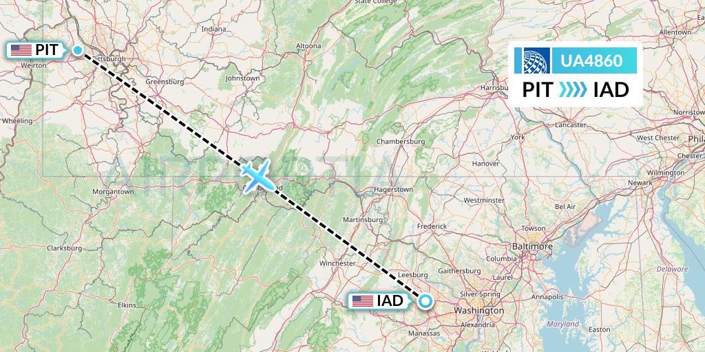 UA4860 United Airlines Flight Map: Pittsburgh to Washington