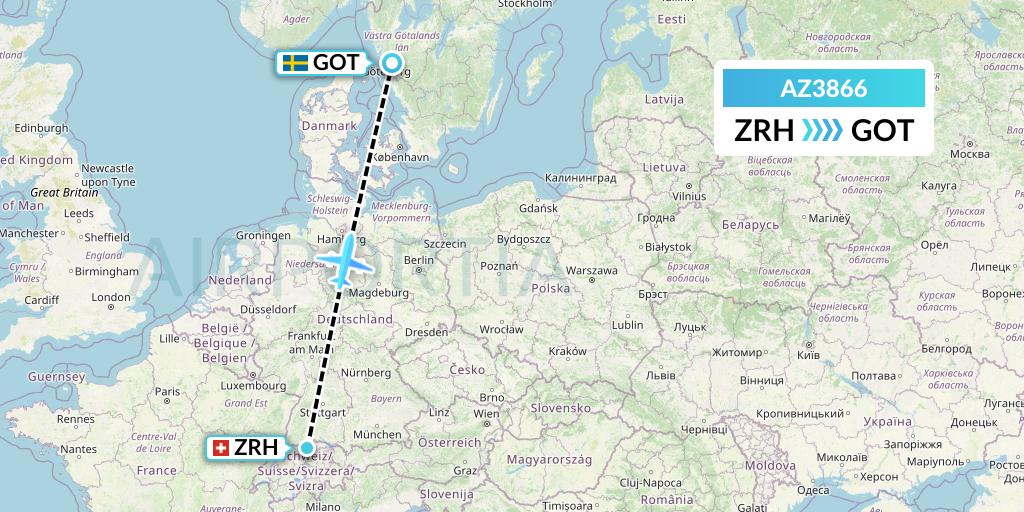 AZ3866 ITA Airways Flight Map: Zurich to Gothenburg
