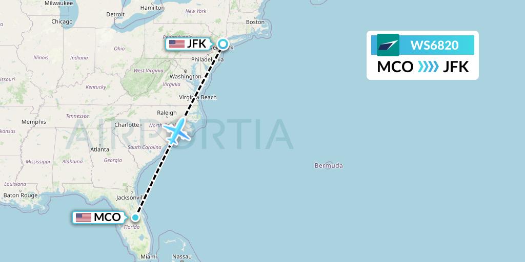 WS6820 WestJet Flight Map: Orlando to New York