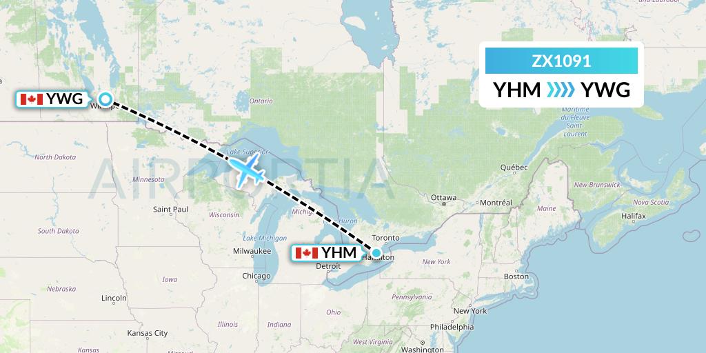 ZX1091 Air Georgian Flight Map: Hamilton to Winnipeg
