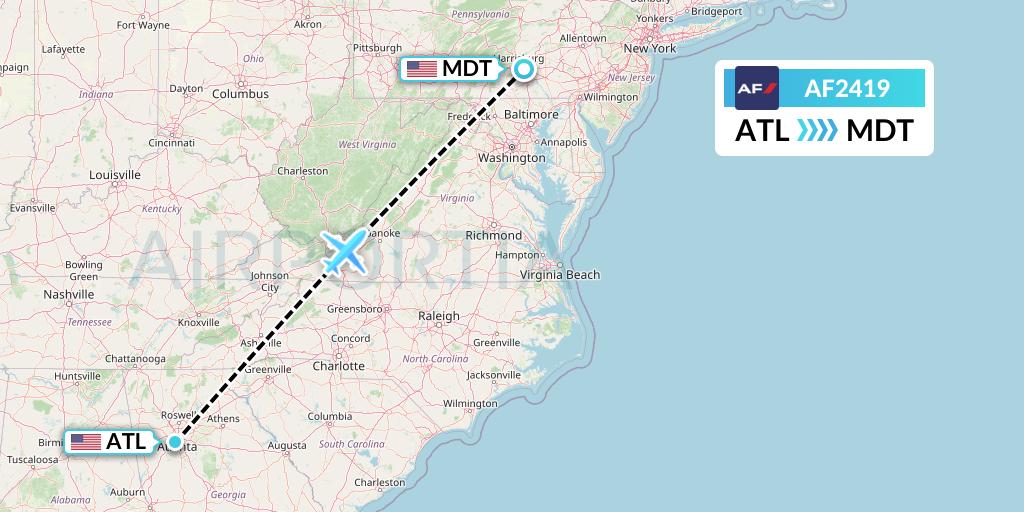 AF2419 Air France Flight Map: Atlanta to Harrisburg