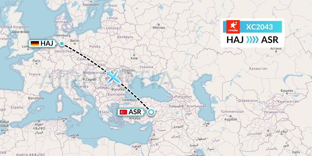XC2043 Corendon Airlines Flight Map: Hannover to Kayseri