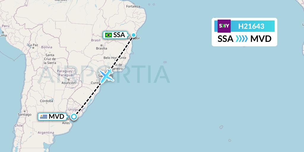 H21643 Sky Airline Flight Map: Salvador to Montevideo