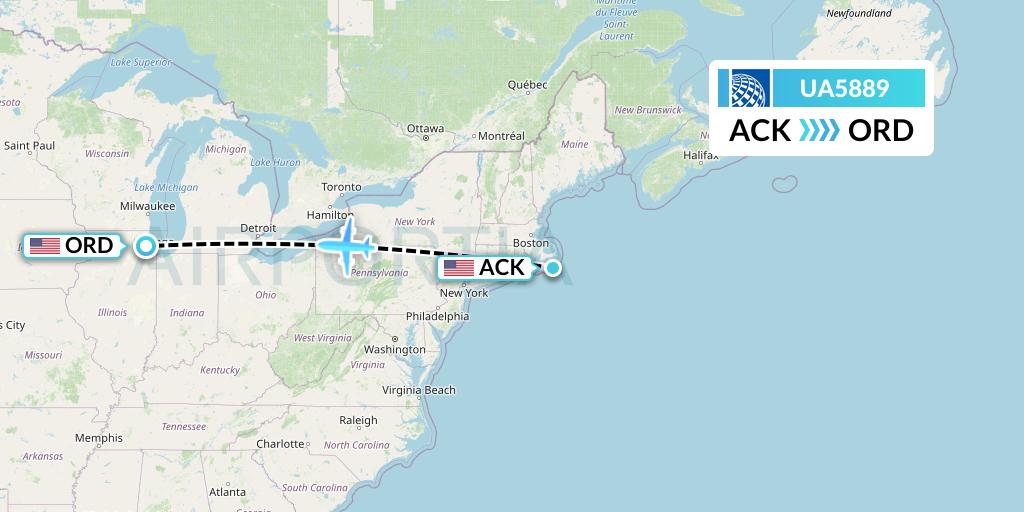UA5889 United Airlines Flight Map: Nantucket to Chicago