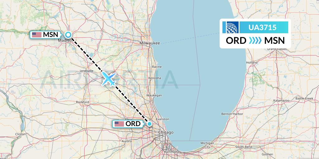 UA3715 United Airlines Flight Map: Chicago to Madison