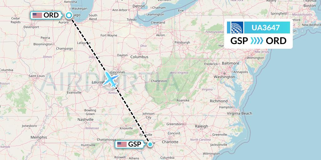 UA3647 United Airlines Flight Map: Greenville-Spartanburg to Chicago
