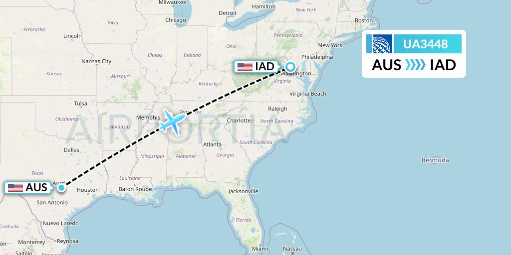 UA3448 United Airlines Flight Map: Austin to Washington
