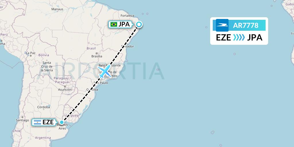 AR7778 Aerolineas Argentinas Flight Map: Buenos Aires to Joao Pessoa