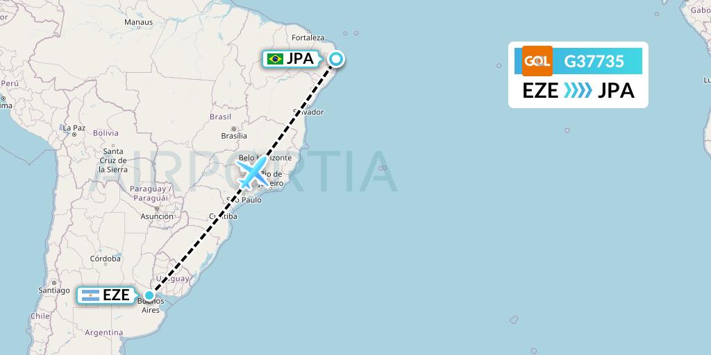G37735 GOL Transportes Aeros Flight Map: Buenos Aires to Joao Pessoa