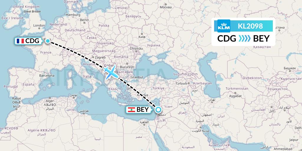KL2098 KLM Flight Map: Paris to Beirut