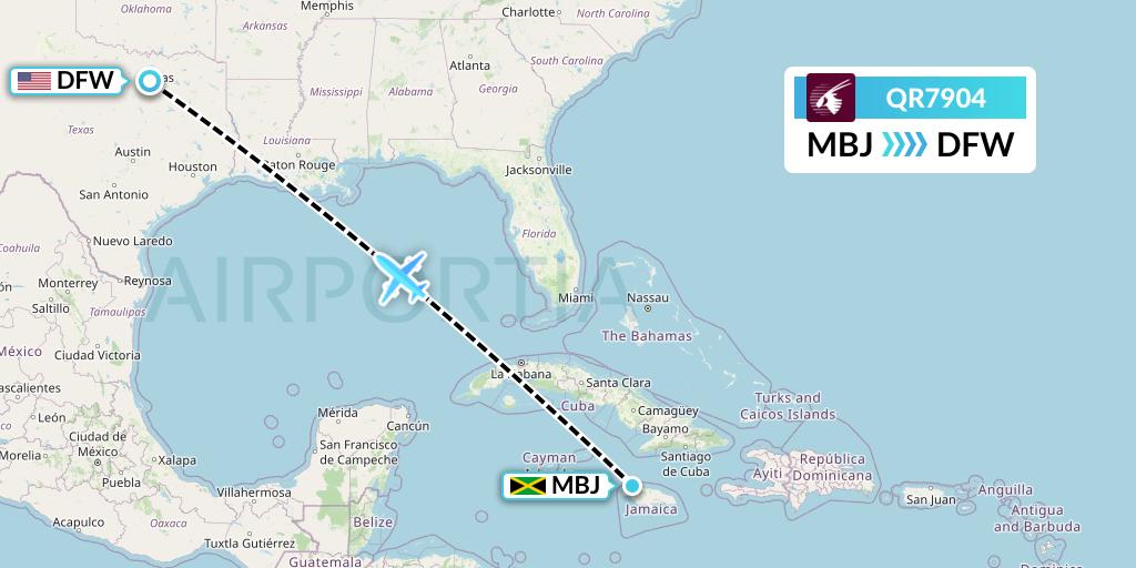QR7904 Qatar Airways Flight Map: Montego Bay to Dallas