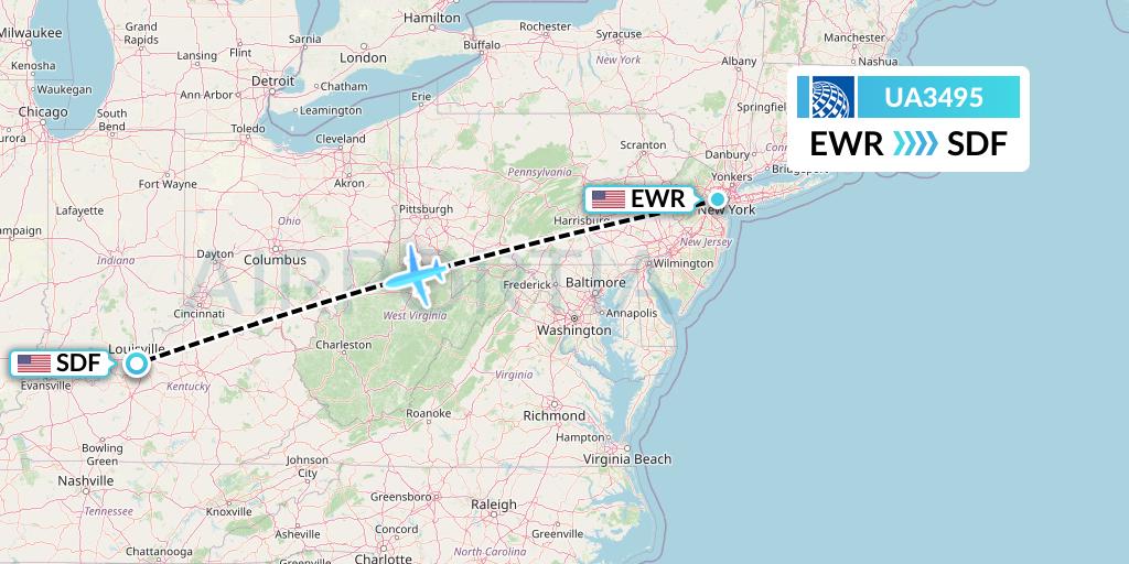 UA3495 United Airlines Flight Map: New York to Louisville