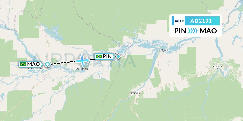 AD2191 Azul Brazilian Airlines Flight Map: Parintins to Manaus
