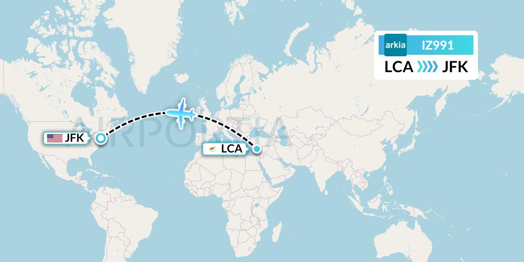 IZ991 Arkia Israeli Airlines Flight Map: Larnaca to New York