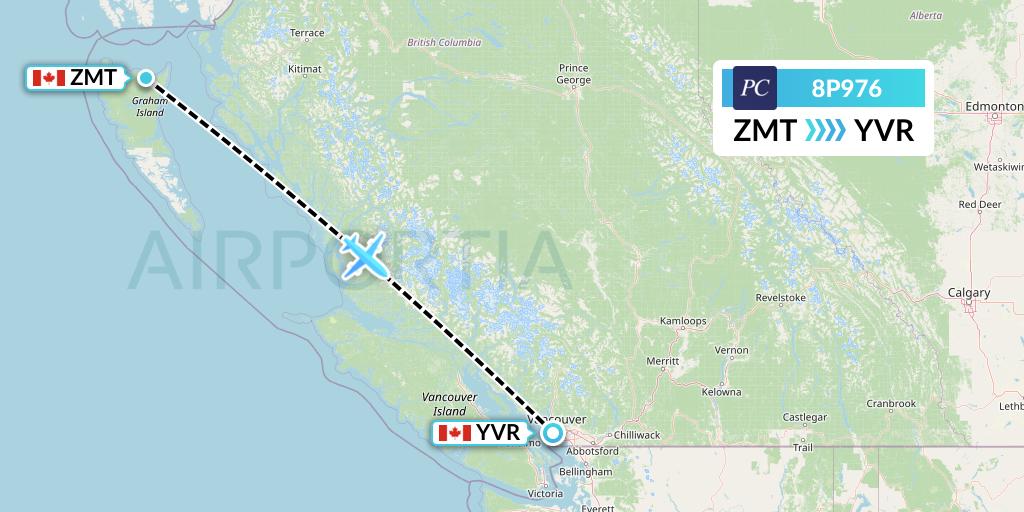 8P976 Pacific Coastal Airlines Flight Map: Masset to Vancouver