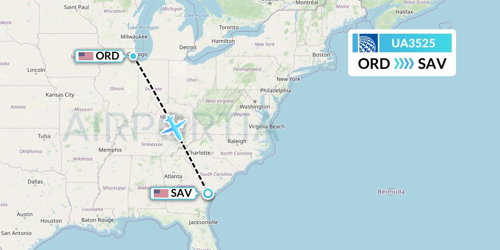 UA3525 United Airlines Flight Map: Chicago to Savannah