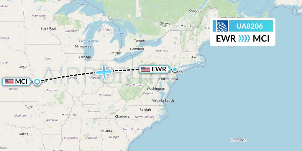 UA8206 United Airlines Flight Map: New York to Kansas City