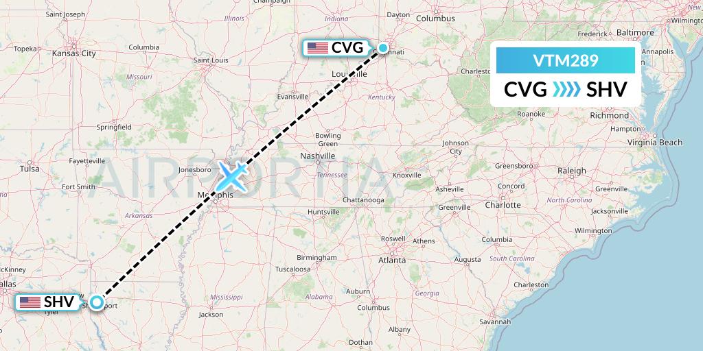 VTM289 Aeronaves TSM Flight Map: Cincinnati to Shreveport