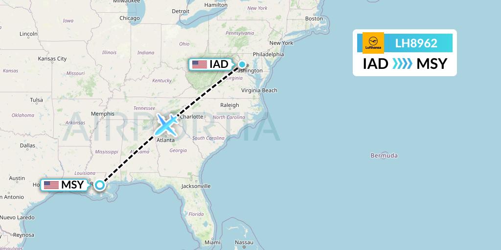 LH8962 Lufthansa Flight Map: Washington to New Orleans