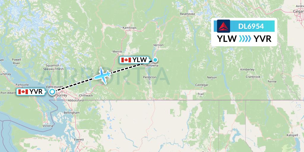 DL6954 Delta Air Lines Flight Map: Kelowna to Vancouver