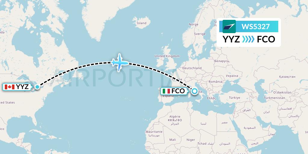WS5327 WestJet Flight Map: Toronto to Rome