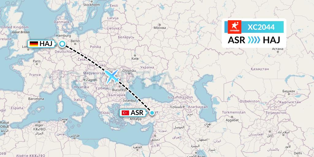 XC2044 Corendon Airlines Flight Map: Kayseri to Hannover