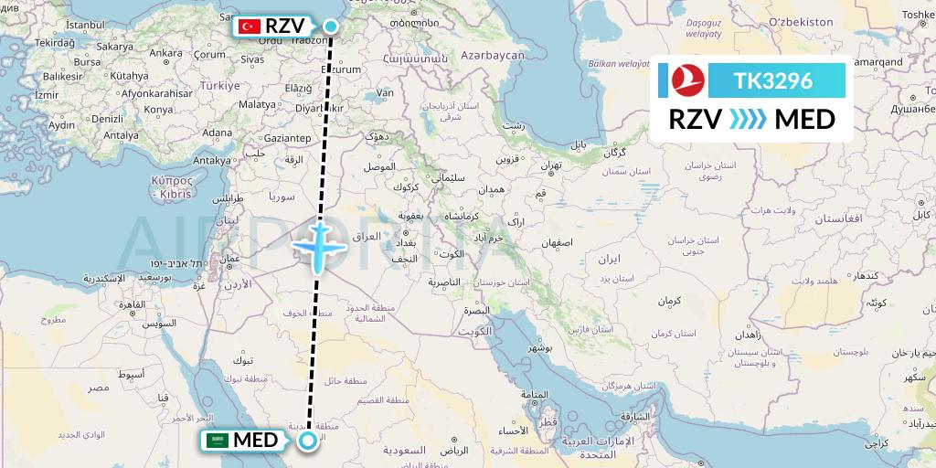 TK3296 Turkish Airlines Flight Map: Trabzon to Medina