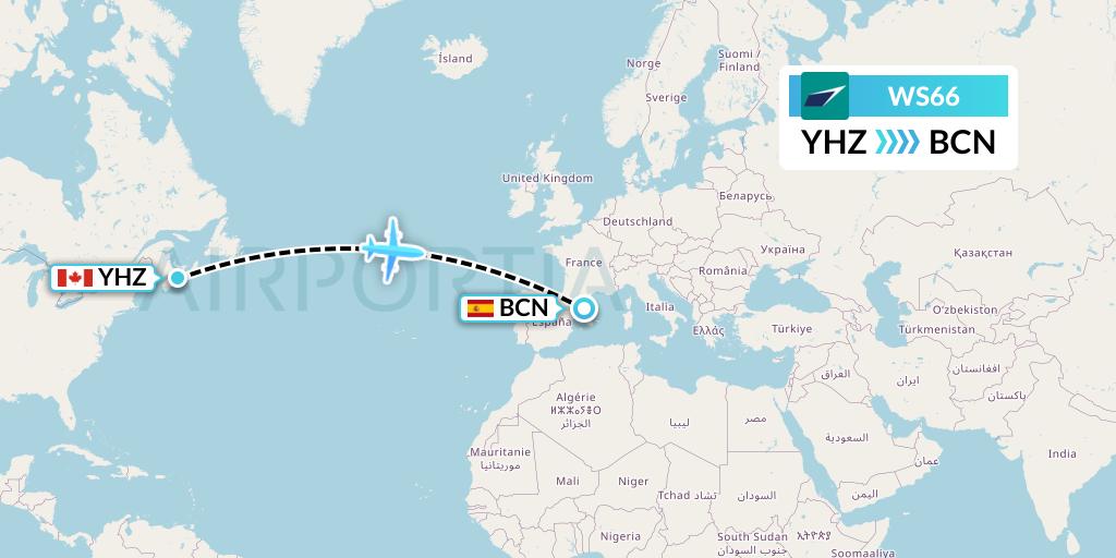WS66 WestJet Flight Map: Halifax to Barcelona