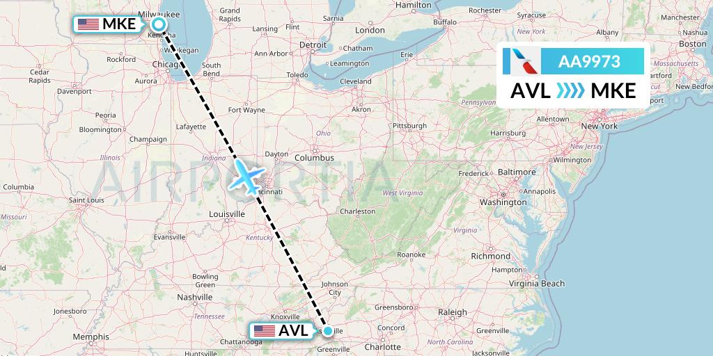 AA9973 American Airlines Flight Map: Asheville to Milwaukee