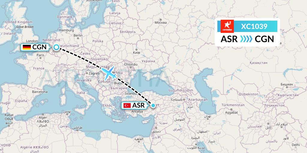 XC1039 Corendon Airlines Flight Map: Kayseri to Cologne