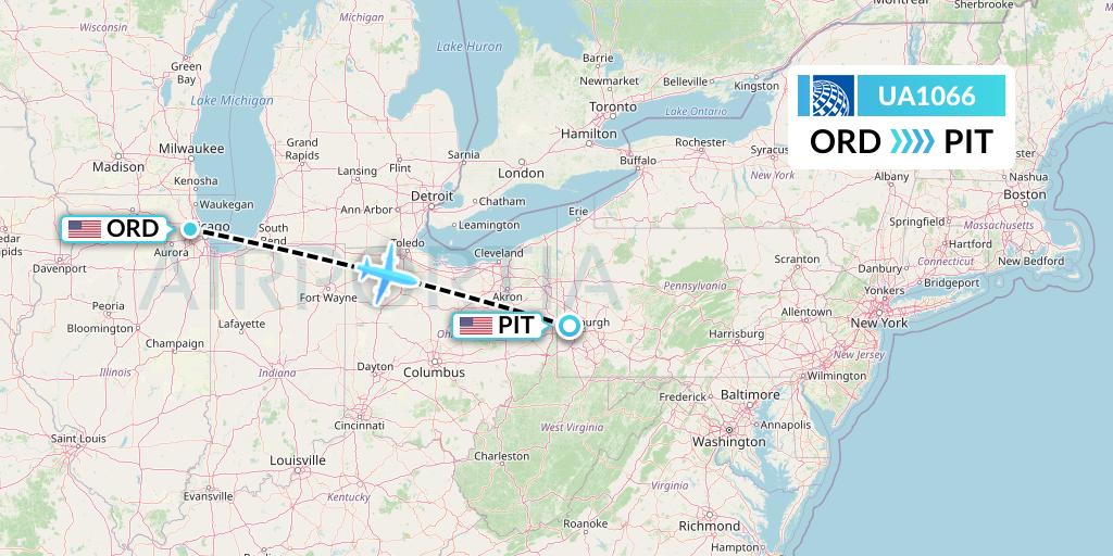 UA1066 United Airlines Flight Map: Chicago to Pittsburgh