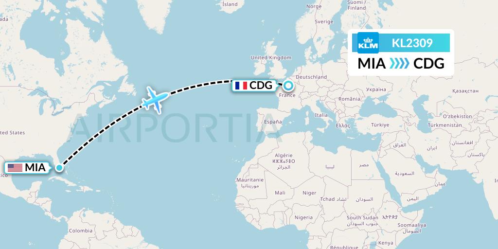 KL2309 KLM Flight Map: Miami to Paris
