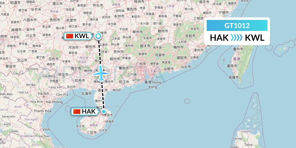 GT1012 Air Guilin Flight Map: Haikou to Guilin