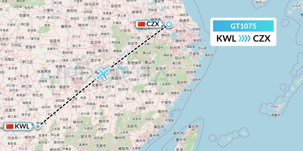 GT1075 Air Guilin Flight Map: Guilin to Changzhou