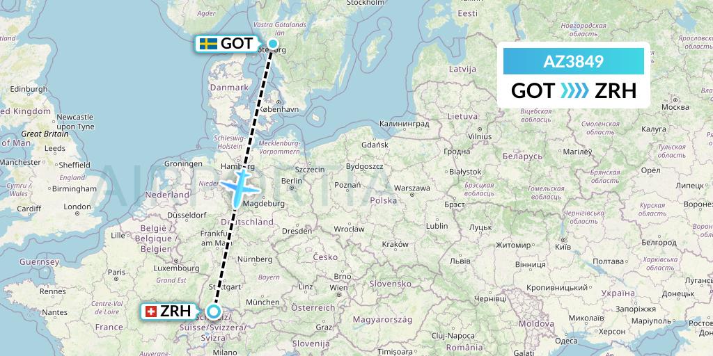 AZ3849 ITA Airways Flight Map: Gothenburg to Zurich