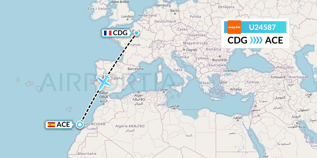U24587 EasyJet Flight Map: Paris to Lanzarote